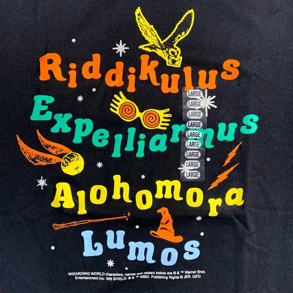 Harry Potter Wizarding World Spells Graphic‎ Black Tee Sz L Riddikulus Spells+